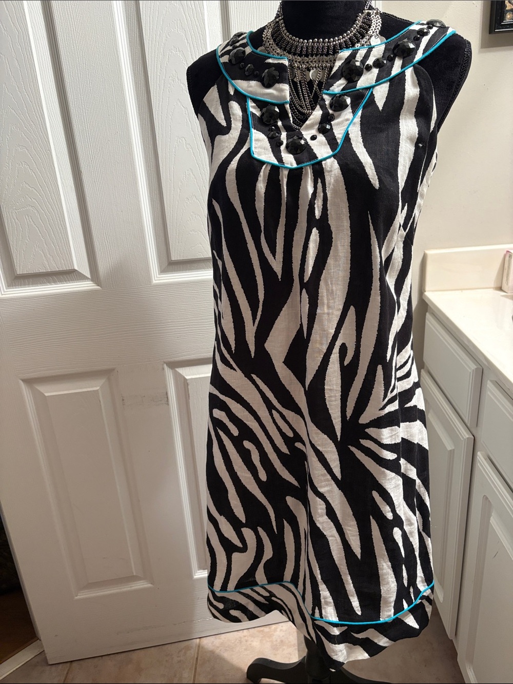 Multiples Black and White Zebra Print Shift Dress with Teal Trim
